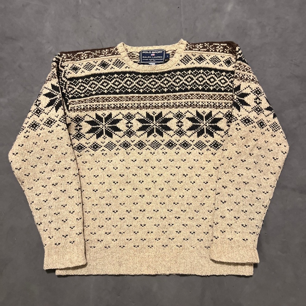 Polo Sport Ralph Lauren Wool Silk Fair Isle Sweater Mens Large Vintage 90s Beige